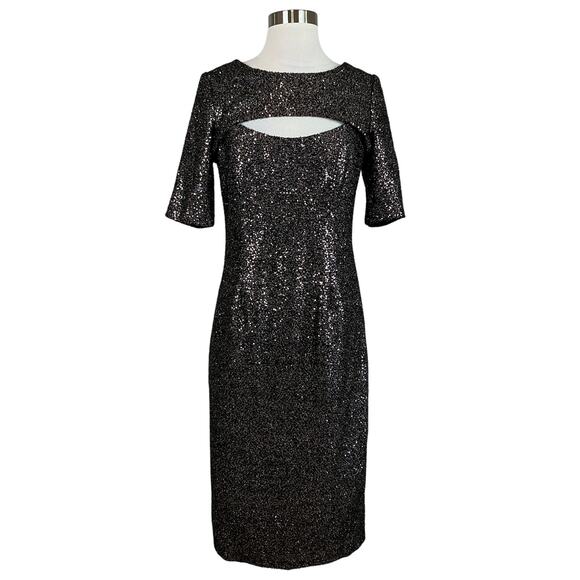Betsy & Adam Women's Cocktail Dress Size 14 Black Sequin Cut Out Midi Sheath - Picture 1 of 14